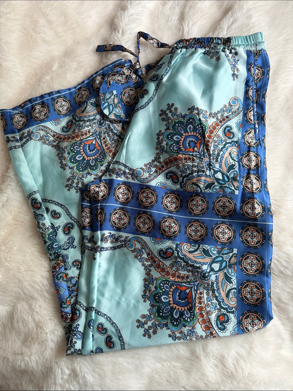 Light Blue Paisley-Print Wide Leg Trousers
